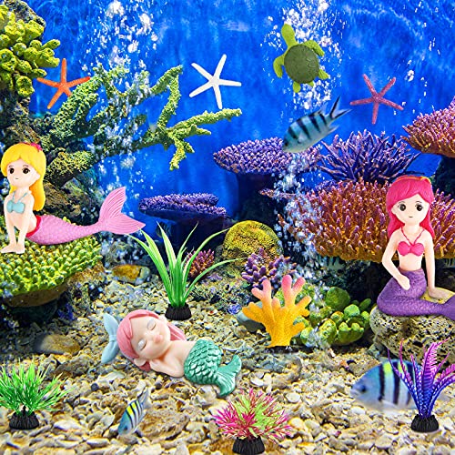 Jetec 13 Pcs Aquarium Mermaid Decor Fish Tank Decoration Mermaid Figurine Starfish Turtle Faux Coral for Ocean Theme DIY Fish Tank Cake Topper Party Accessories