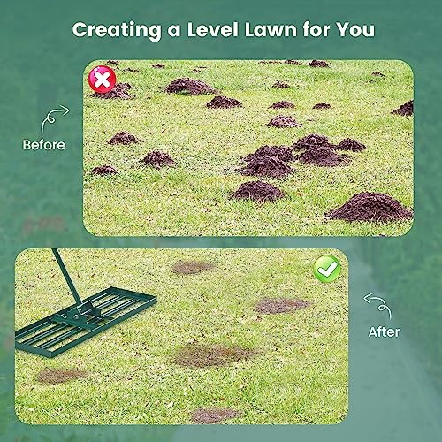 Goplus Lawn Leveling Rake, 30" x 10" Heavy Duty Level Lawn Tool w/ Ergonomic Handle for Soil, Effort-Saving Landscape Rake for Garden, Backyard, Golf Course, Farm, Pasture - style: 30" x 10", Green