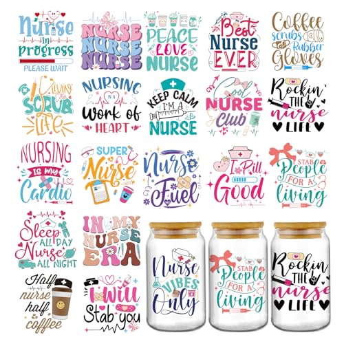 Nurse UV DTF Stickers - 20 Sheets Peace Love Nurse Uvdtf Cup Wraps for 16 20 oz Glass Water Bottle, Stethoscope Mask Waterproof Transfer Sticker Decals DIY Coffee Mug Journal Decor Gift for Nursing - style: Nurse