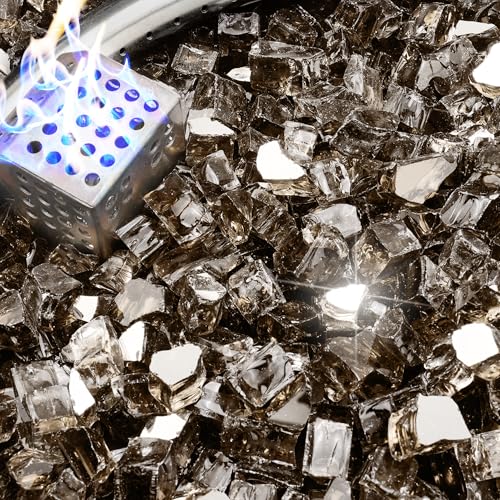 NUPICK 20 Pound Fire Glass, 1/2 Inch Reflective Fire Pit Glass, Tempered Firepit Glass Rock for Propane or Natural Gas, Glass Rocks for Fire Pit Table, Fireplace Glass for Landscaping, Bronze - color: Bronze, size: 20 Pound (1/2")