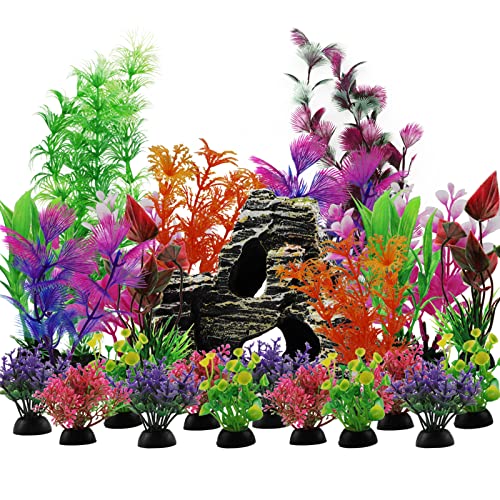 Aquarium Decorations Plants with Rockery View, 25pcs Aquarium Decor Plants and Rock Cave Hideout Ornaments, Fish Tank Accessories, Fish Tank Plants Plastic Decoration for Aquariums
