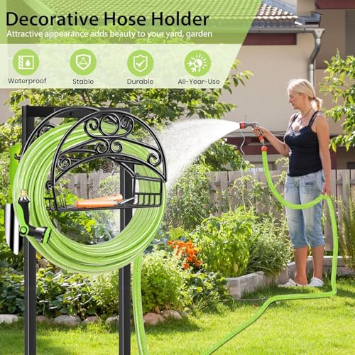 TomCare Garden Hose Holder Upgraded Water Hose Holder Heavy Duty 4 Spikes Hose Hanger Holds 160 Feet Hoses Stable Freestanding Hose Storage Organizer for Outside Yard - color: Black