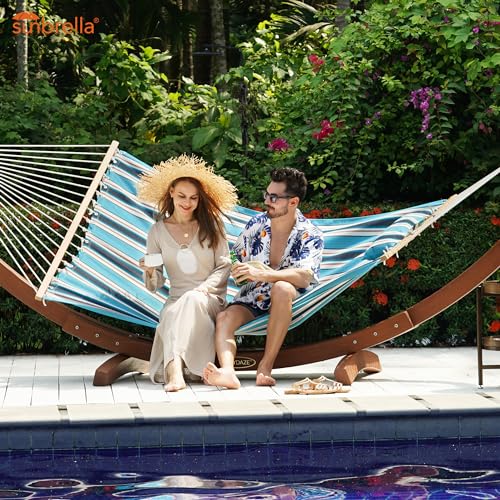 Lazy Daze Hammocks 12 FT Sunbrella Fabric Hammock Non-Fading with Spreader Bars and Free Pillow Fits for 2 Persons, All Weather and Fade Resistant for Patio Yard, 450 lbs Capacity, Token Surfside - color: Token Surfside