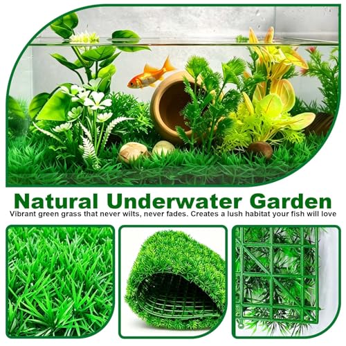 kathson 3 PCS Aquarium Grass Mat Decorations,Artificial Plastic Plant Lawn for Fish Tank Plants Landscape Ornament,Fish Tank Decor Green Carpet with Suction Cups for Freshwater & Saltwater - size: 3PCS-9.8" x 9.8" x 1.4"