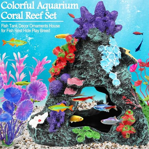 MyLifeUNIT Fish Tank Plants, 7 Pieces Colorful Aquarium Plants and Coral Reef Set for Fish Tank Decoration, Mountain Cave Ornament for Betta, Goldfish to Breed, Play and Rest - color: Colorful