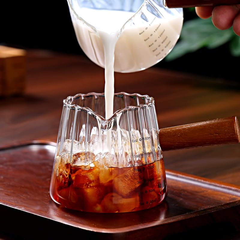 6 oz Espresso Cups - Glass Measuring Cups with Spout - Ribbed Small Creamer Pitcher- Expresso Shots Cup with Wood Handle for Coffee Milk, Dishwasher Safe (Transparent, 2 pack) - color: Transparent, size: 2 pack