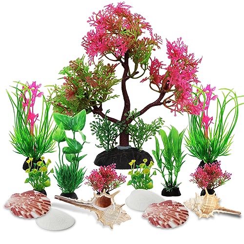 Aquarium Plants with Natural Decorations Shells, 15pcs Fish Tank Decoration Colorful Artificial Fish Tank Decor Plants Aquarium Decorations for Household and Office Aquarium Simulation