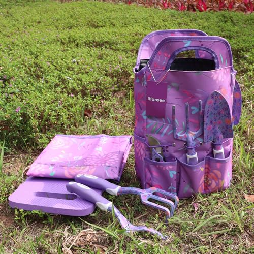 Purple Garden Tool Sets 10-Piece, Aluminum Alloy Steel Hand Tools w/Non-Slip Ergonomic Handle, Floral Print Garden Supplies Organizer Handbag, Cute Gardening Tools Gift for Women Grandmother - style: Purple