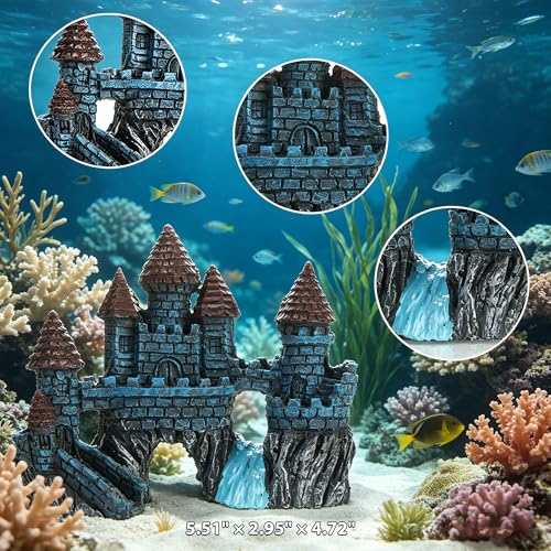 Aquarium Decorations Set with Treasure Chest, Castle, Resin Barrels and Bonsai Tree, Fish Tank Ornaments, Fish Shrimp Cave Hide for Fish Tank