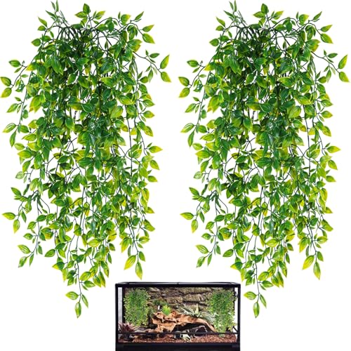 Reptile Plants, 2 Pack Terrarium Hanging Plants Vines Artificial Leaves Habitat Decorations with Suction Cup for Bearded Dragon Hermit Crab Lizard Snake Geckos Chameleon - color: 2 Pack