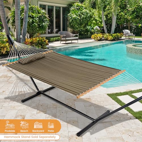 Lazy Daze Hammocks 12 FT Sunbrella Fabric Hammock Non-Fading with Spreader Bars and Free Pillow Fits for 2 Persons, All Weather and Fade Resistant for Patio Yard, 450 lbs Capacity, Harwood Cocoa - color: Harwood Cocoa
