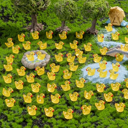 100 Pieces Mini Resin Luminous Ducks Yellow Tiny Duckies for Miniature Dollhouse Decor Accessories Garden Aquarium Miniature Characters Fairy Garden Potted DIY Ornament Party - style: The Yellow Duck 100PC