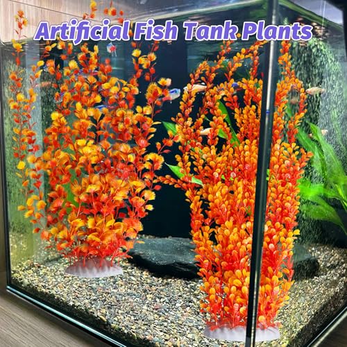 Hamiledyi Aquarium Plastic Plants Aquarium Decor Artificial Fish Tank Plants,Tall Fish Tank Decorations, Extra Large Aquarium Plant 23.6-inch Tall,2PCS（Orange Style B） - color: Orange（style B）