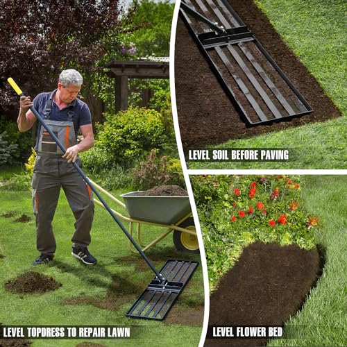 Jardineer 36 Inch Heavy Duty Lawn Leveling Rake, 72 Inch Long Handle Yard Leveler for Grass Soil, Ground Dirt Leveler Tool for Lawn, Garden, Golf Course Maintenance - style: 36inch Lawn Leveling Rake with 72 Inches Long Handle