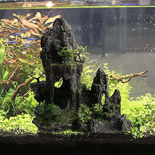 AnRui Large and Tall Aquarium Mountain View Stone Decorations Resin Betta Rock Aquascaping Hiding Cave Ornaments Fish Tank Accessories Decorations with Small Plants - size: 10.62"x4.72"x11.2"