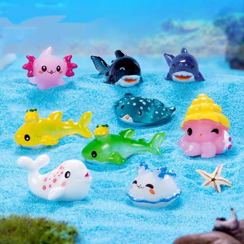 9pcs 3D Cartoon Marine Animal Figurines Cute Mini Sea Set Shark Octopus Whale for Mini Landscape Fish Tank Desktop Decor, Multicolor - color: Multicolor