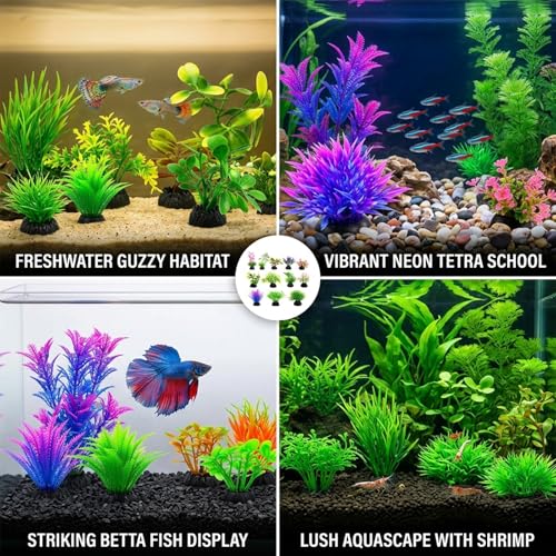 Betta Fish Tank Accessories and Aquarium Plants, 32 Artificial Aquarium Plants for Underwater Landscaping, Fake Aquarium Plants Set for Small Fish Habitats, Plastic Aquarium Decorations