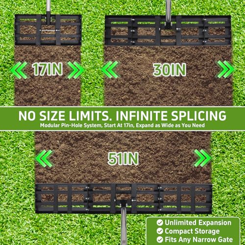 Lawn Leveling Rake for Soil, 17"-30" Modular Interlocking Stainless Steel Lawn Leveler, 78"Adjustable Handle Yard Leveling Rake, Anti-Flip Ground Leveler for Yard, Sand, Topdressing, Golf Course, Farm