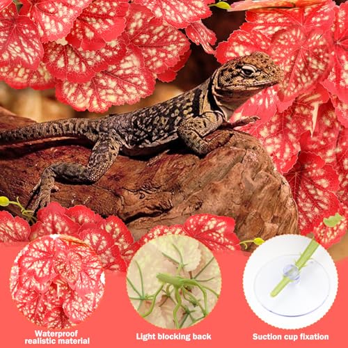 QUOZUO 2 Pack Reptile Plants for Terrarium, Artificial Leaves Habitat Decorations with Suction Cups, Terrarium Hanging Plants Vines for Bearded Dragons Lizards Snake Geckos Frogs - Red - color: Red