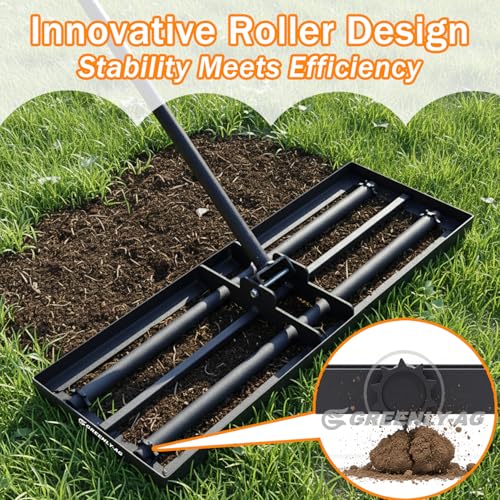 30" Heavy Duty Lawn Leveling Rake, 6.5FT Soil Leveler Tool, with 4 Spiked Wheels & Smooth Roller, Landscaping and Restoration Soil Sand Dirt Surfaces, for Garden Yard Farm Golf Course