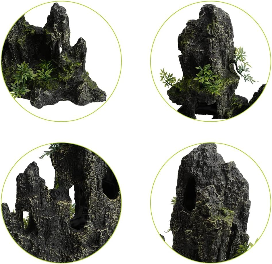 Aquarium Decorations Large Mountain View Stone Rock Cave Resin Betta Shrimp Hideout Ornaments with Small Plants Fish Tank Decorations