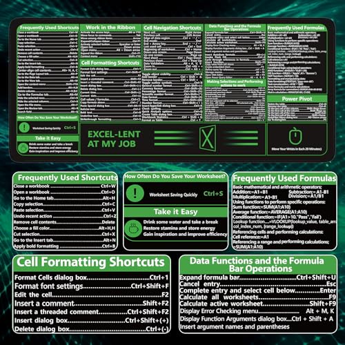 iCasso Excel Cheat Sheet Desk Pad, Excel Mouse Pad Shortcuts, Excell Short Cut Desk Mat, Extended Large XXL Non-Slip Exel Mousepad with Stitched Edges for Computer Keyboard - color: B-black Excel Shortcuts