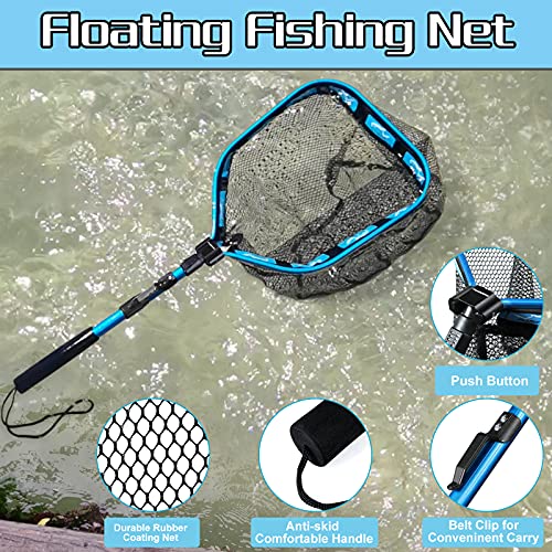 PLUSINNO Floating Fishing Net for Steelhead, Salmon, Fly, Kayak, Catfish, Bass, Trout Fishing, Rubber Coated Foldable Landing Net with Fixed or Telescoping Pole Handle, Fishing Gear and Gifts for Men - color: 11.8"/30cm Hoop Size 1.0M Blue Pole (Telescopi