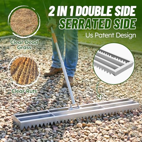 Lawn Leveling Rake, 2-in-1 Double-Sided Landscape Leveler with 20 Marking Flags for Low Spot, 48"×10” Heavy Duty Stainless Steel Flat & Serrated Side for Soil Sand Gravel, Yard Garden Golf Course - style: 48"×10”