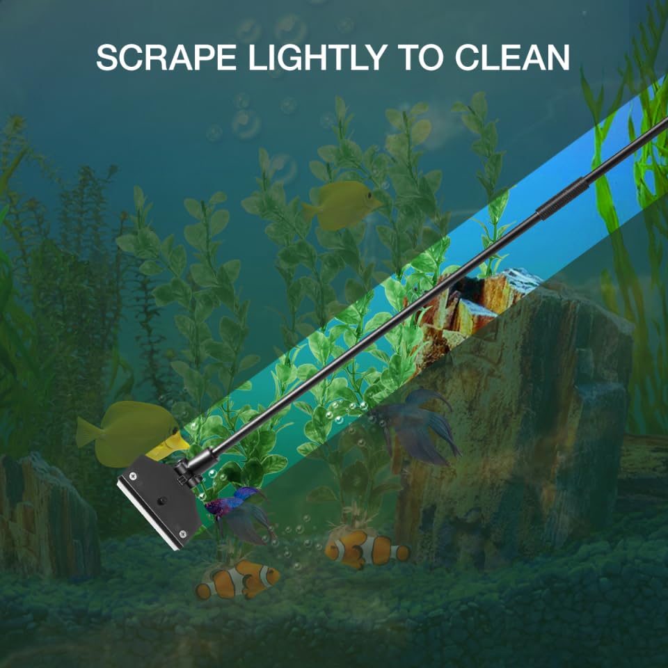 POPETPOP 26-Inch Aquarium Scraper – Rust-Proof Alloy Blade Cleaner Kit with 10 Replacements, Adjustable Long Handle Keeps Hands Dry for Glass Reef & Freshwater Tanks