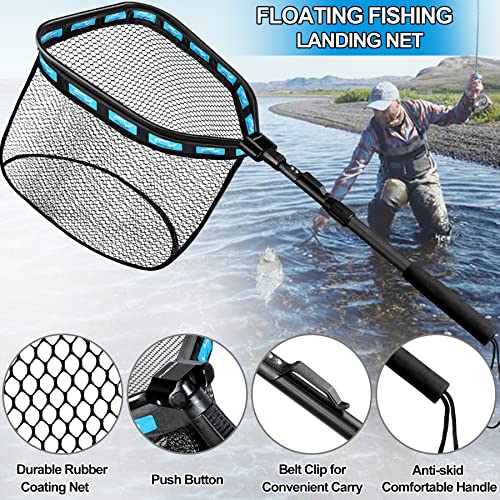 PLUSINNO Floating Fishing Net for Steelhead, Salmon, Fly, Kayak, Catfish, Bass, Trout Fishing, Rubber Coated Foldable Landing Net with Fixed or Telescoping Pole Handle, Fishing Gear and Gifts for Men - color: 19.7"/50cm Hoop Size length 1.5M Blue (Telesco