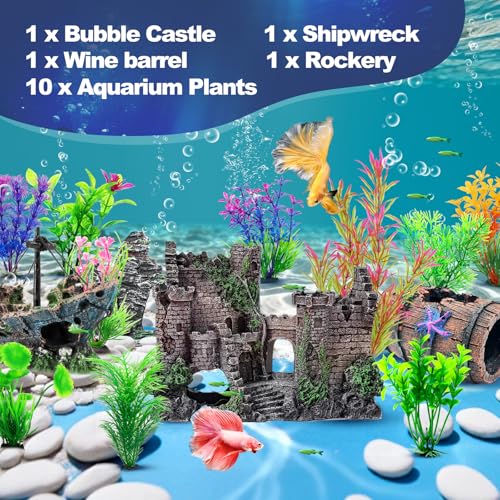 14 Pcs Aquarium Decorations Large Kit，Castle Fish Tank Bubbler Decorations，Starfish Barrel, Resin Cave Rock,Resin Material Sunken Ship,Aquarium Plants Large Fish Bowl Ornaments