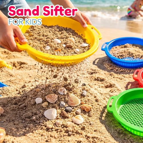 4E's Novelty Large Sand Sifter for Sandbox Beach 4 Pack - Sand Sifter for Shark Teeth, Rock, Plastic - Beach Toys, Sand Toys for Sandbox Kids & Toddlers