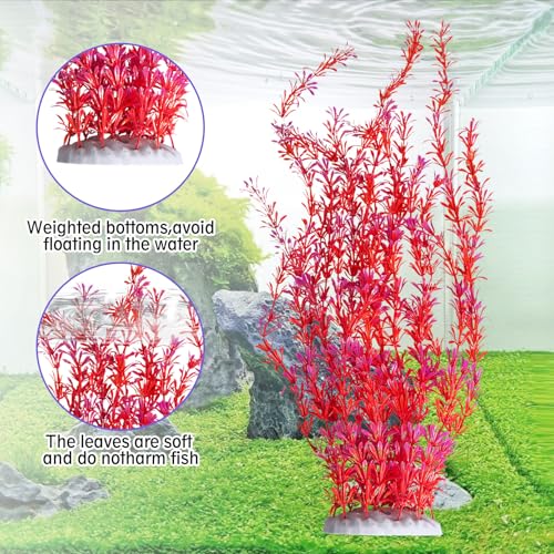 Hamiledyi Aquarium Plastic Plants Aquarium Decor Artificial Fish Tank Plants,Tall Fish Tank Decorations, Extra Large Aquarium Plant 23.6-inch Tall,2PCS（Red） - color: Red