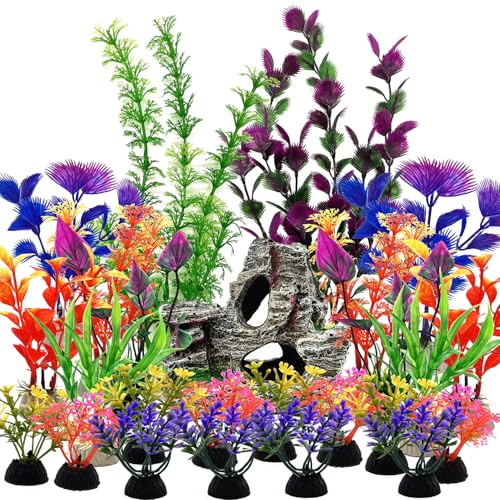 SLOCME 25 PCS Aquarium Plants & Rock Cave Decorations Set – Colorful Fish Tank Plastic Plants Ornaments with Resin Rock Hideout, Realistic Aquarium Decor Accessories for Freshwater & Saltwater Tanks