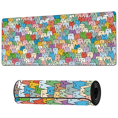 Cute Colorful Cats Extended Gaming Mouse Pad Large Desk Mat with Non-Slip Rubber Base and Stitched Edges,Keyboard Mouse Mat Desk Pad for Work,Game,Office,Home 35.4 * 15.7 Inch - color: Cute Colorful Cats