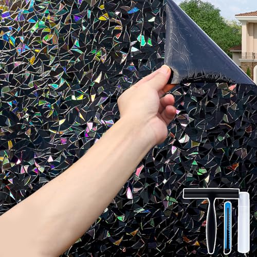 Volcanics Total Blackout Window Privacy Film with Installation Tools, Rainbow Room Darkening Black Window Cover, Static Cling 100% Light Blocking 17.5 x 78.7 Inches - color: Black, size: 17.5" X 78.7"