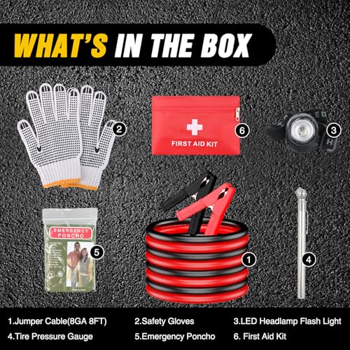 Nilight Car Emergency Kit with Jumper Cable, First Aid Kit Safety Assistance Tools for Travel Camping Outdoor Cars Truck SUV RV, Roadside Essentials with Flash Light - color: Basic Essential Kit