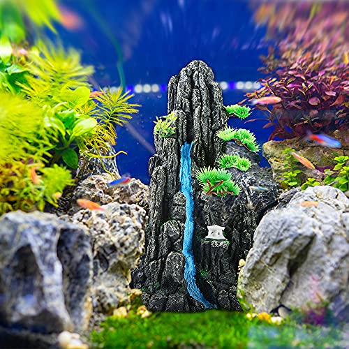 Large and Tall Fish Tank Decorations Aquarium L9.84x W6.14x H12.99inch, Resin Mountain View Aquarium Decor, Rock Thematic Ornaments with Tree & House for Betta Cichlid Goldfish Shrimp Playing Hiding - color: 4#