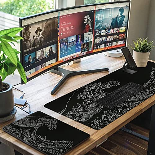 iCasso Mousepad, Gaming Mouse Pad, XXL Large Desk Mat, Big Rubber Base Mouse Mat with Stitched Edges, Computer Keyboard Desk Pad for Work, Game, Office, Home - Black Wave of Kanagawa - color: Black Wave of Kanagawa