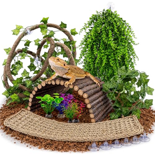 Bearded Dragon Tank Accessories, 9Pcs Reptile Plants Vines Hammock Flexible Bridge with Suction Cups Terrarium Habitat Décor for Snake Gecko Lizard Chameleon