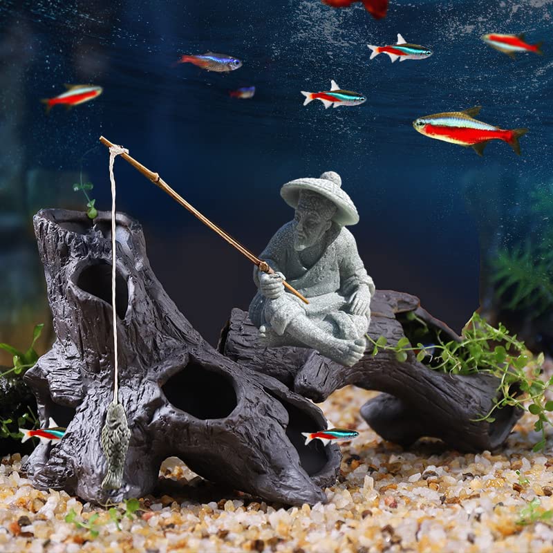 livelyfish Mini Fisherman Statue Asian Zen Decoration Sitting Fishing Figurines Sandstone Vintage Ornament for Aquarium Fish Tank Pot Garden Home Japanese Decor (A) - color: A