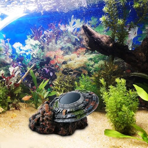 Saim UFO Wreckage Aquarium Ornament - Eco-Resin Fish Tank Hideout with Exploration Cave for Betta & Shrimp, 5.11" Stable Base Underwater Landscape Decor