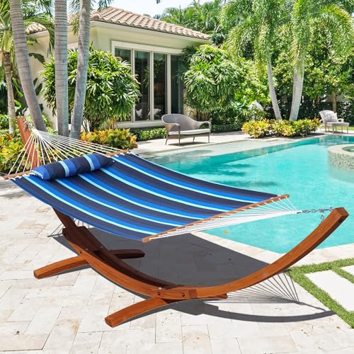 Lazy Daze Hammocks 12 FT Sunbrella Fabric Hammock Non-Fading with Spreader Bars and Free Pillow Fits for 2 Persons, All Weather and Fade Resistant for Patio Yard, 450 lbs Capacity, Gateway Indigo - color: Gateway Indigo