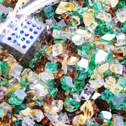 NUPICK 10 Pound Fire Glass, 1/2 Inch Reflective Fire Pit Glass, Tempered Firepit Glass Rock for Propane or Natural Gas, Glass Rocks for Fire Pit Table or Fireplace, Gold & Green & Copper Mix - color: Gold & Green & Copper Mix, size: 10 Pound (1/2")