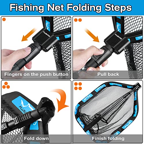 PLUSINNO Floating Fishing Net for Steelhead, Salmon, Fly, Kayak, Catfish, Bass, Trout Fishing, Rubber Coated Foldable Landing Net with Fixed or Telescoping Pole Handle, Fishing Gear and Gifts for Men - color: 19.7"/50cm Hoop Size length 1.5M Blue (Telesco