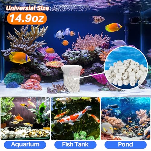 Sukh 3 Bags Ceramic Rings for Aquarium Filter - 425g Bio Ceramic Media Balls Replacement Biological Material Remover for Aquarium,Fish Tank,Pond,Canister Filter with 3 Mesh Bags - color: White, size: 15oz