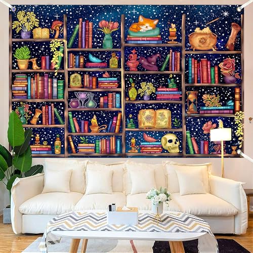 Medieval Bookshelf Backdrop 9x6 FT Bookcase Photography Background Bookshelf Library Backdrops Wall Hanging Dark Academia Photography Background Photo Studio Props - color: Blue, size: 9x6 FT