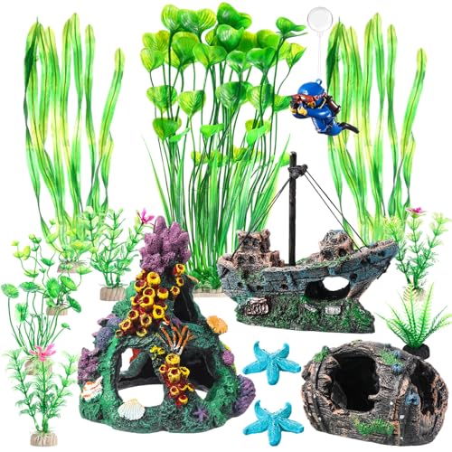 15 Pcs Fish Tank Decorations Mountain Ornament Broken Barrel Sunken Ship Artificial Seaweed Water Plants Colorful Coral Reef for Fish Bowl Aquarium Decor (Green) - color: Green