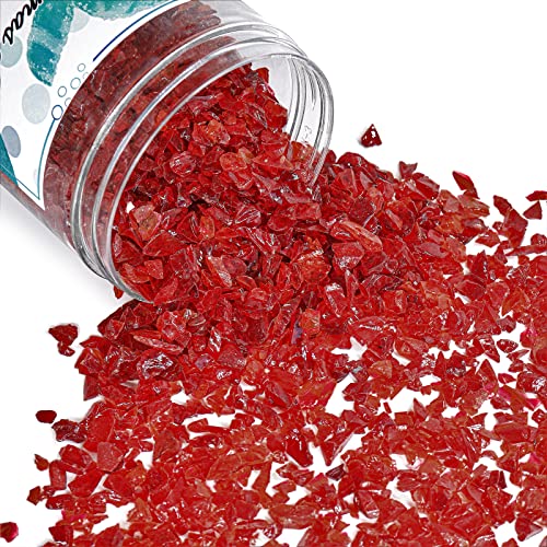 1.5 lb Red Crushed Glass for Resin Art and Crafts, 3-6mm Chunky Broken Glass Pieces, Solid Color Irregular Shards for Geode, Vase Filler, Aquarium Decor & DIY Crafts - color: 90%red/10%orange