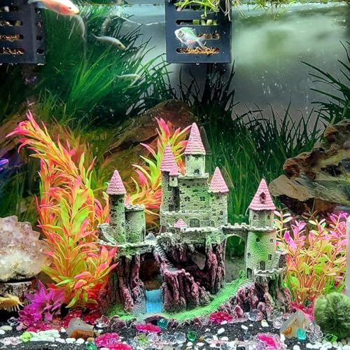 Aquarium Castle Decorations, Resin Castle for Fish Tank with Randomly Color Plants Decor Accessories for Freshwater and Saltwater Fish Tanks (Pink) - color: 【pink】
